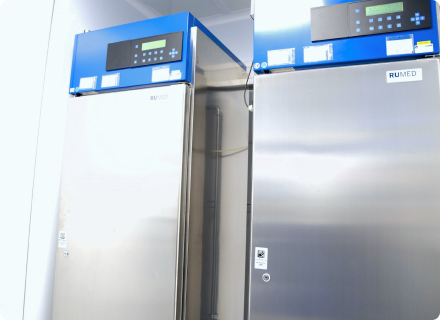 Two stability chambers next to each other inside a pharmaceutical facility.